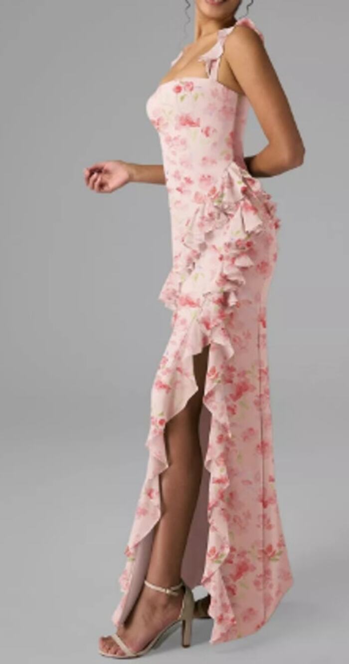 AW BRIDAL SZ 0 XS pink peach blosom floral chiffon Jaydon formal maxi dress 0B16